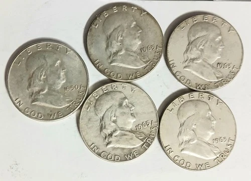 LOT OF 5 BENJAMIN FRANKLIN HALF DOLLARS 1-1950 4-1963 VG+