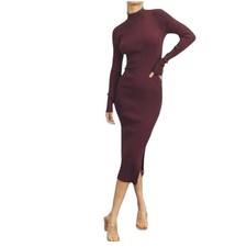 Dress Forum Burgundy Ribbed Mock Neck Long Sleeve High Slit Midi Dress Size S A
