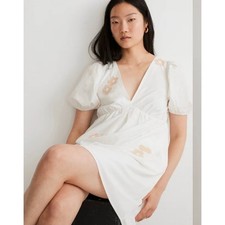 Madewell White Gingham Floral Applique Puff Sleeve Cutout Back Mini Dress Size 8