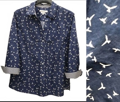 Foxcroft Button Up Shirt Womens XXL Blue White Seagulls Nautical Coastal Casual 