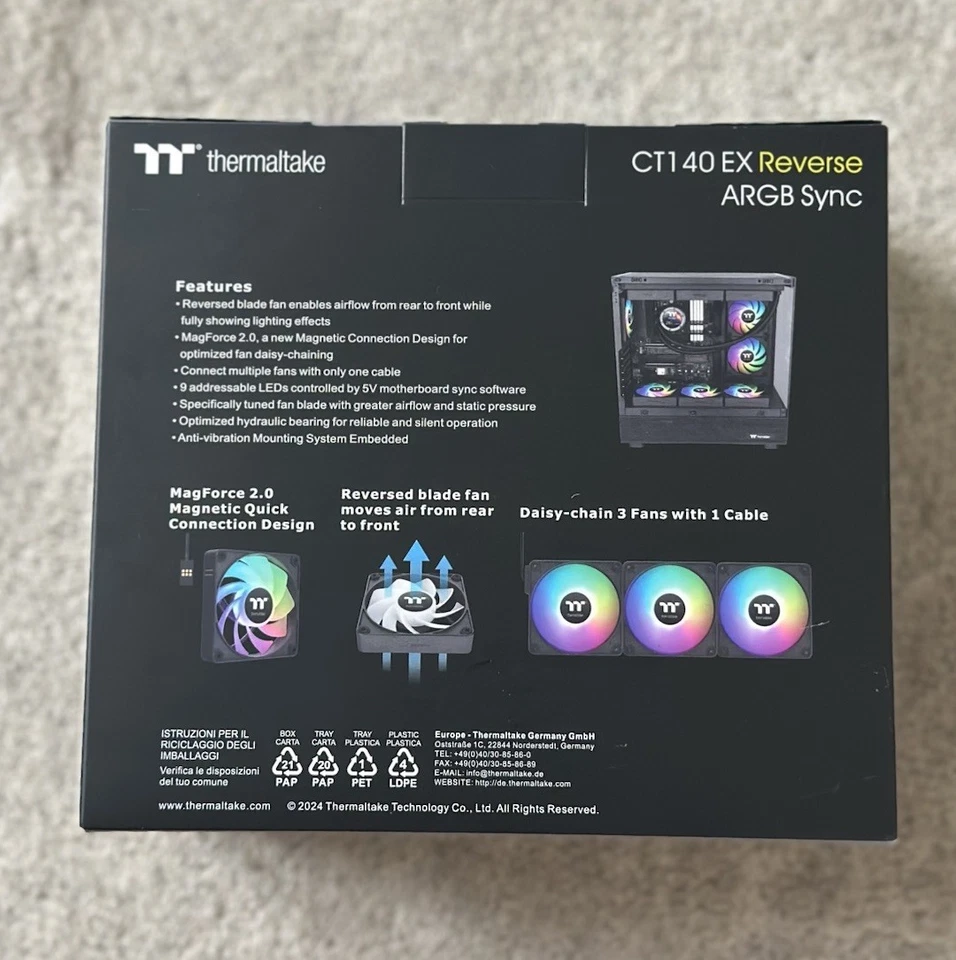 Ventilador de refrigeración inverso Thermaltake CT140 EX ARGB (paquete de 3 ventiladores), conexión magnética Foto 2 de 4