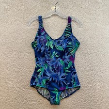 90s Vintage Jantzen One Piece Swimsuit Bikini 14 Blue Tropical Hawaiian Floral
