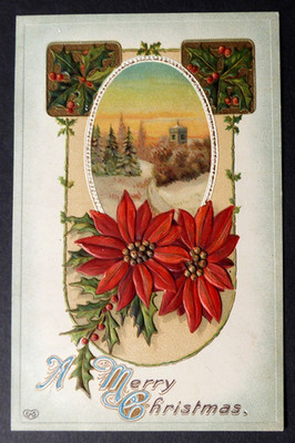 Litho Präge AK A Merry Christmas Stechpalme ILEX und Weihnachtsstern pub. EAS