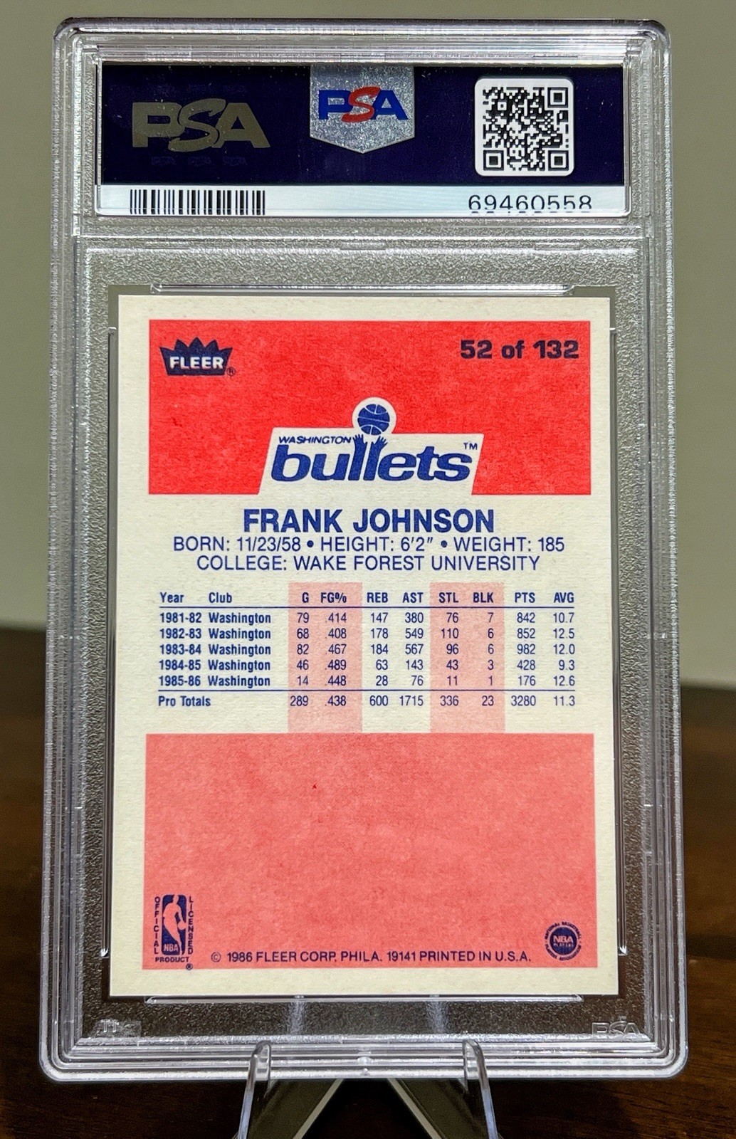 1986 Fleer Frank Johnson #52 PSA 9 MINT Washington Bullets Vintage Basketball view 2