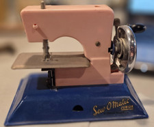 Vintage 1950s Straco Sew-O-Matic Junior Toy Sewing Machine Pink Blue Hand Crank
