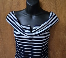 Vintage Guess Body-Con Dress Navy White Stripes Sleeveless Shawl Neckline Medium