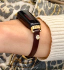 Dark Brown Leather Fitbit Inspire 3 Band for Women, Slim 8mm Bracelet Strap Gold