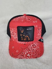 GOORIN BROS THE FARM ALPHA WO WARNING CURVED TRUCKER SNAPBACK MENS HAT RED BLACK