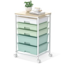 Utility Cart with 5 Drawers,Storage Cart with Wooden Tabletop and Lockable Wh...