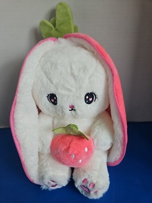 Reversible Pink Strawberry Zip Up White Bunny Rabbit Plush Stuffed Animal