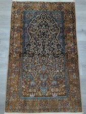 Unique TABRIEZI Tabatabai RUG 30" X 50" Orange Blue w Silk Mihrab ~320 Kpsi