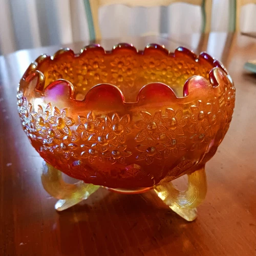 FENTON art glass collectibles, candy dish, orange. Hobnail design.