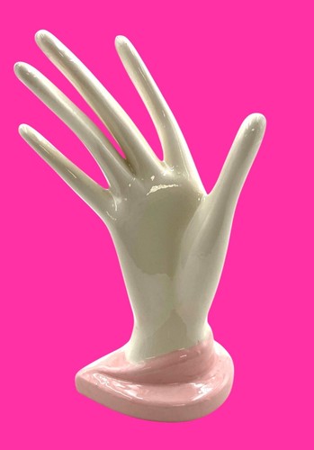 Vintage Glazed Ceramic Lady's Hand Ring Holder White w/ Pink Base & Nails