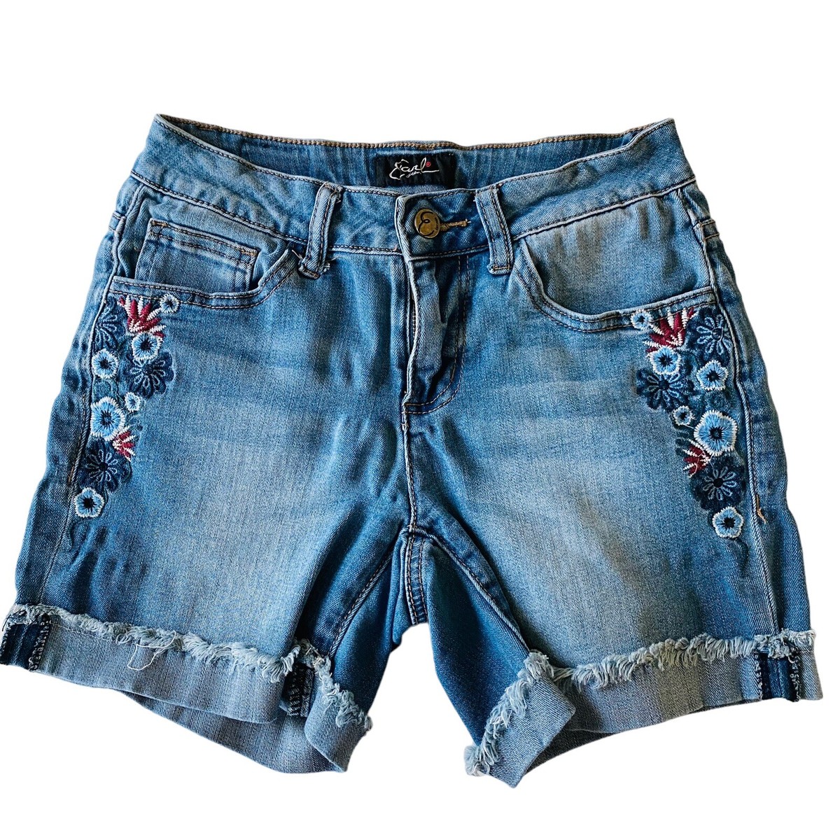 Earl jean Shorts Womens Size Embroidered Pockets Raw Hem Light Wash Low  Rise