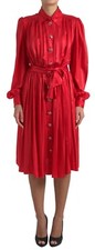 DOLCE & GABBANA Dress Satin Silk Red Button Down Belted Midi IT46 / XL 3400usd