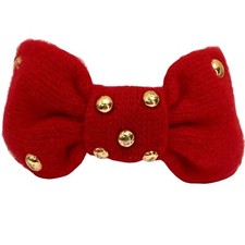 Vintage Wool Ear Warmer Headband Womens Bow Red Knit Gold Bead Detail