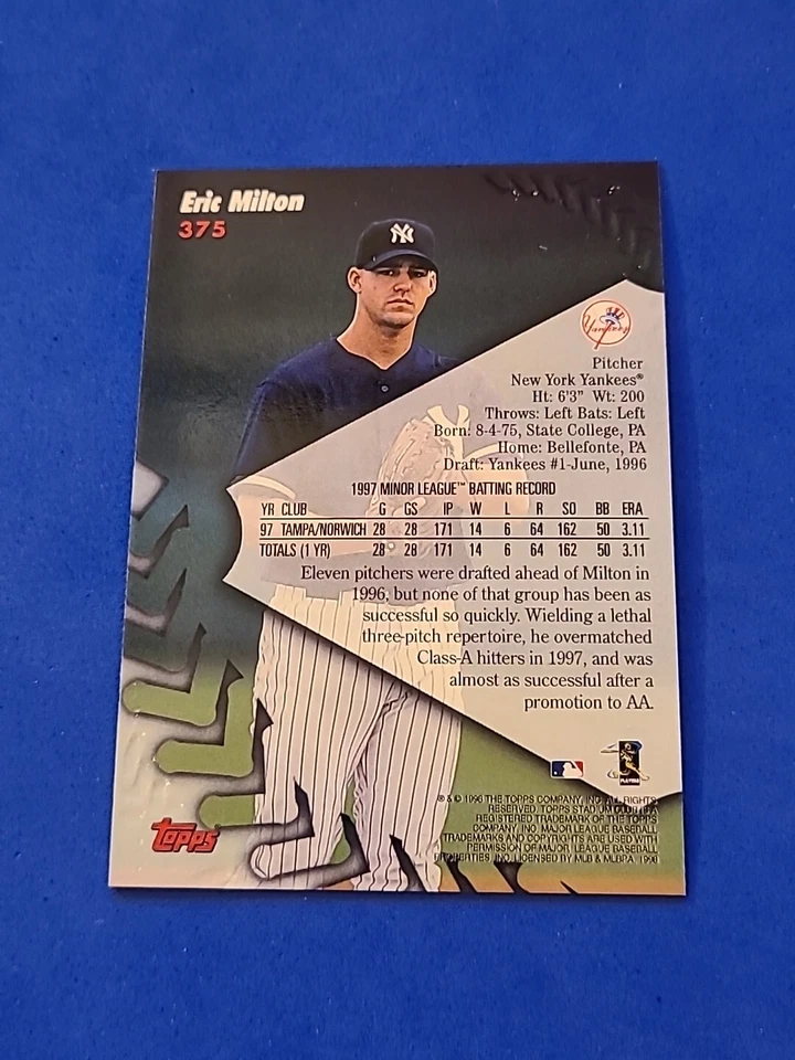 1998 Eric Milton ROOKIE RC Topps Stadium Club #375 - Image 2 of 2