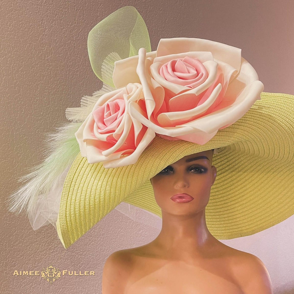 Kentucky Derby Hat Apple Green Hat Pink Rose Flower Huge Breeders
