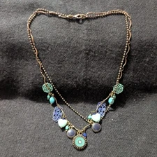 OHQ Brass Tone Blue Beaded Enamel Heart Charm Layered Statement Necklace