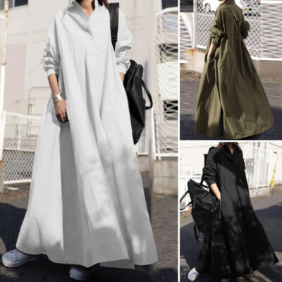 Womens Long Sleeve Collared Casual Loose A Line Dress Kaftan Caftan Maxi Dresses