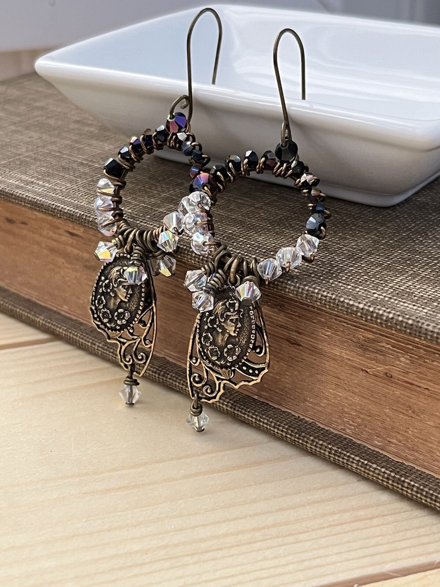 HANDMADE Earrings Wire Wrapped made with Swarovski Crystal Brass/Copper  Jewelry