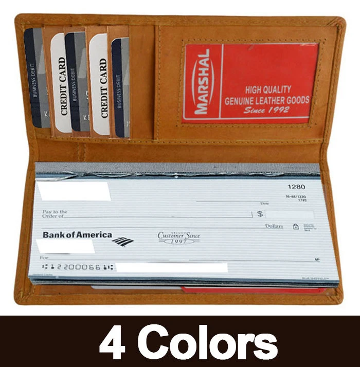 Cartera lisa de cuero genuino fino con cubierta para chequera porta tarjetas de identificación hombres mujeres Foto 2 de 4