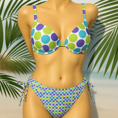 Damen Bikini Grün Lila gepunktet abnehmbarar Push Up Gr. M, S, XS