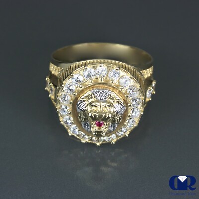 Men's 1.10 Ct Diamond Lion Head Pinky Ring In 14K Yellow Gold