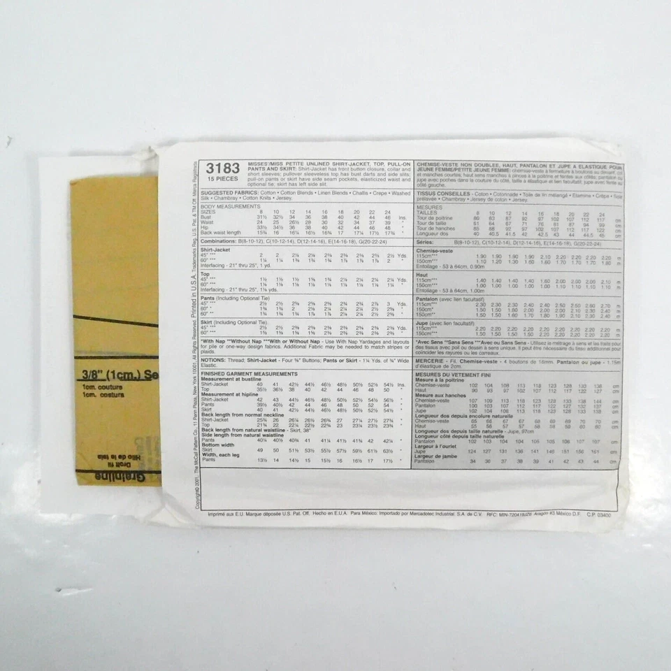 McCalls 3183 Misses Shirt Jacket Top Pants Skirt Sewing Pattern Uncut Size 20-24 - Image 3 of 4