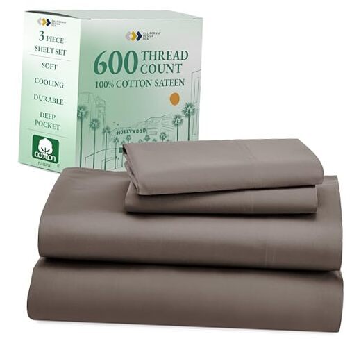 Twin Bed Sheets 100% Cotton, 600 Thread Count Sateen, Soft, Cooling Brown