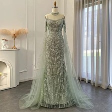Luxurious Mint Green Formal Evening Gown with High Beaded Neck and Cape Sleeves
