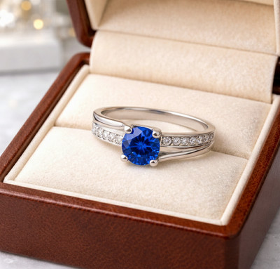 3.00  Ct Round Cut Natural Sapphire & Diamond Wedding Ring 14K White Gold  6