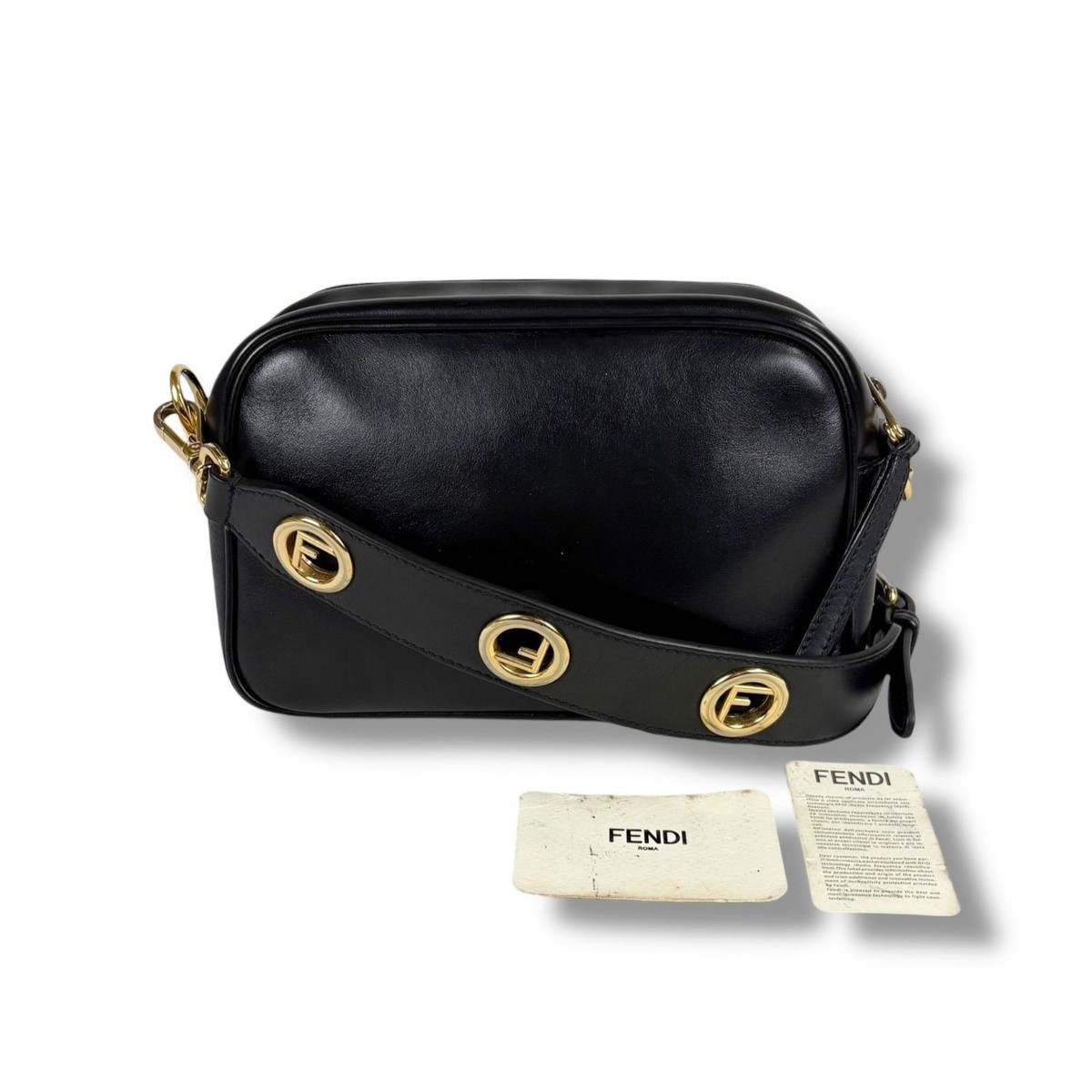 FENDI Black Leather Camera Case - Iconic Gold F is Fendi Eyelet