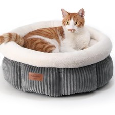 FUKUMARU Cat Bed, Corduroy Round Cat Beds for Indoor Cats, Washable Fluffy Pet B