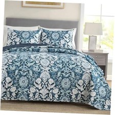 Queen Quilt Set, 3-Piece Lightweight Soft Full Queen 90x90 Navy Blue Boho
