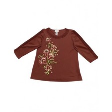 Alfred Dunner Women Brown Floral Embroidered Crochet Sleeve 3/4 Sleeve Top S