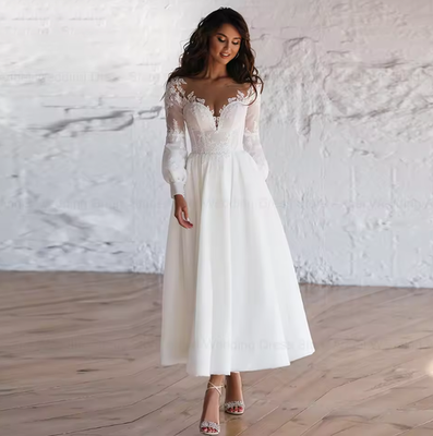 Vintage Beach Short Wedding Dress For Woman Elegant Long Sleeves Bridal  Gowns