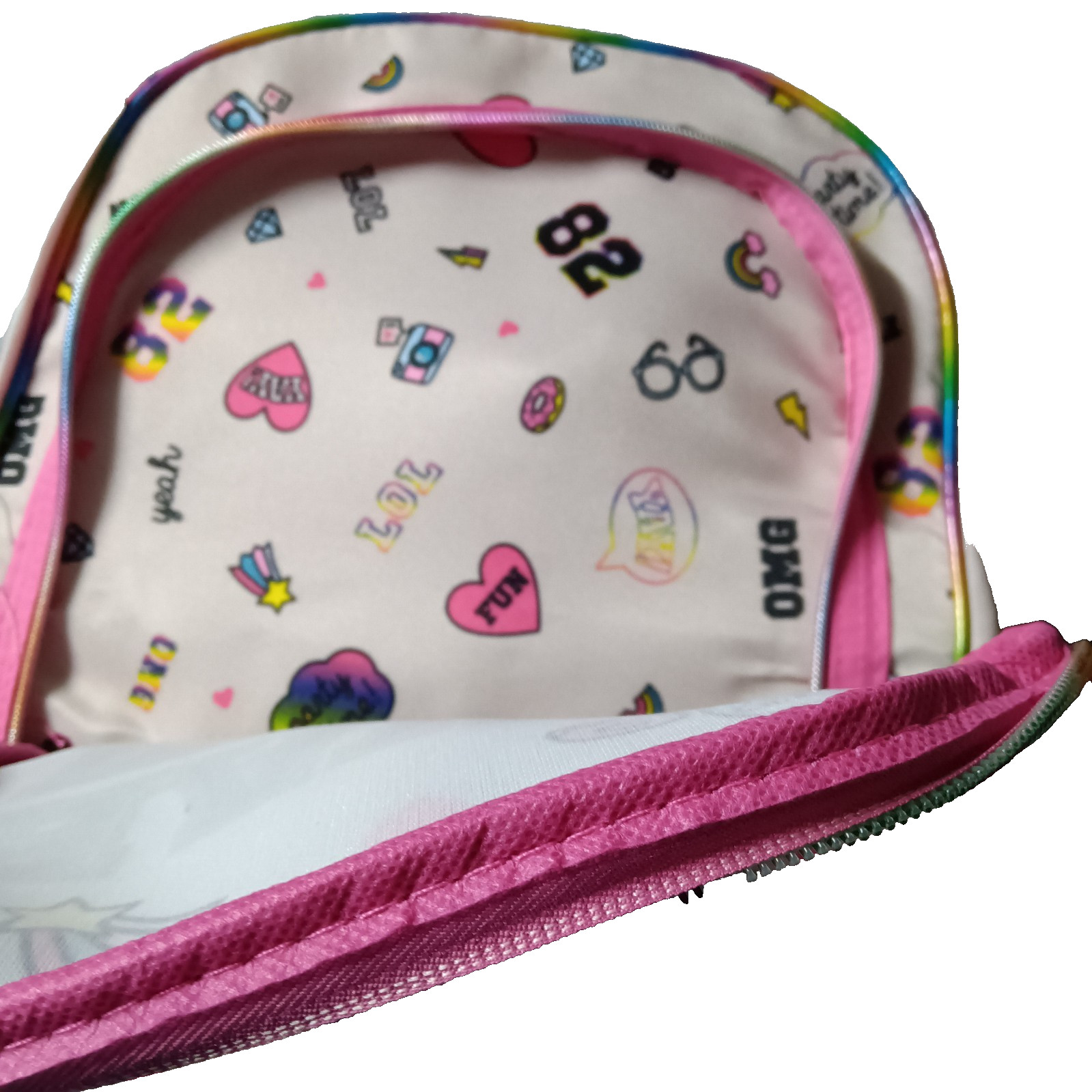 Girls Backpack Have Fun Dream Big Glitter School Bag Pink Rainbow Pom Pom