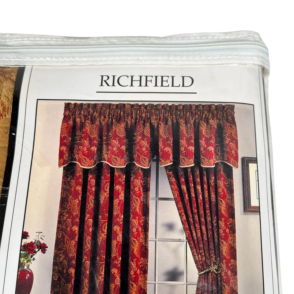 Vtg Richfield Scalloped Valance 52x20 Gold Floral Jacquard Curtain Decor 5 Piece - Image 3 of 4