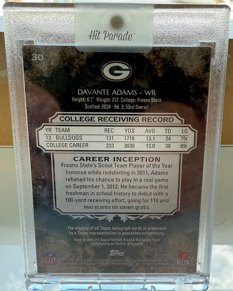 DAVANTE ADAMS 2014 Topps Inception Rookie RC Auto Signature - ON CARD! - Image 3 of 3