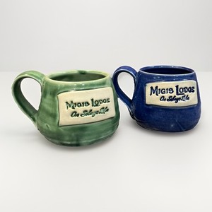 Wardell Pottery Coffee Mugs Migis Lodge at Sebago Lake Hand Thrown Green & Blue