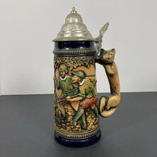 Vintage Gerz West German Beer Stein 9.5” Boar Hunters Fox Handle Pewter Cone