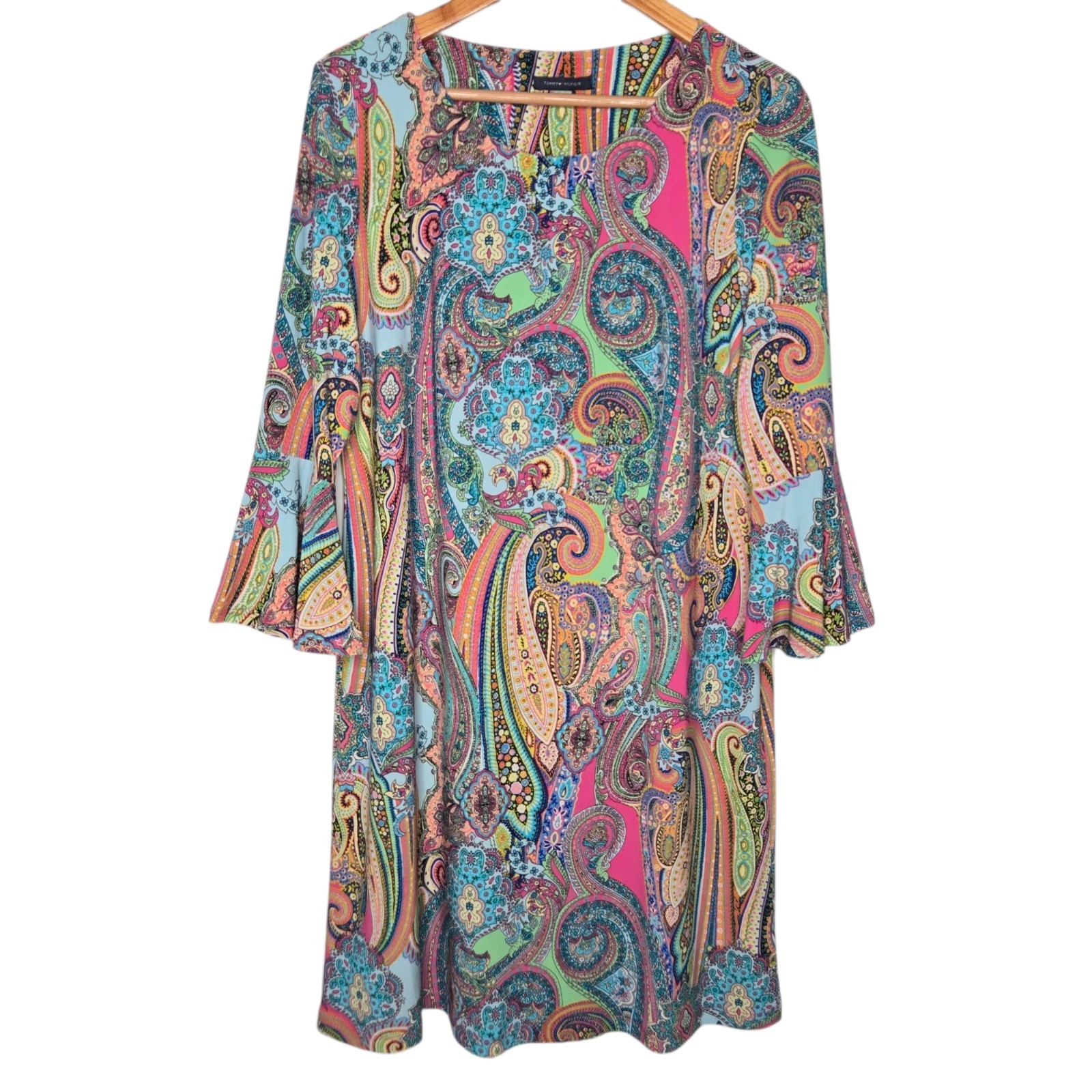 Tommy Hilfiger Womens Jaipur Paisley Bell Sleeve Sheath Dress Size 14