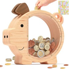 Large Wooden Piggy Bank for Kids - Fun Money Saving Bank for Boys Girls