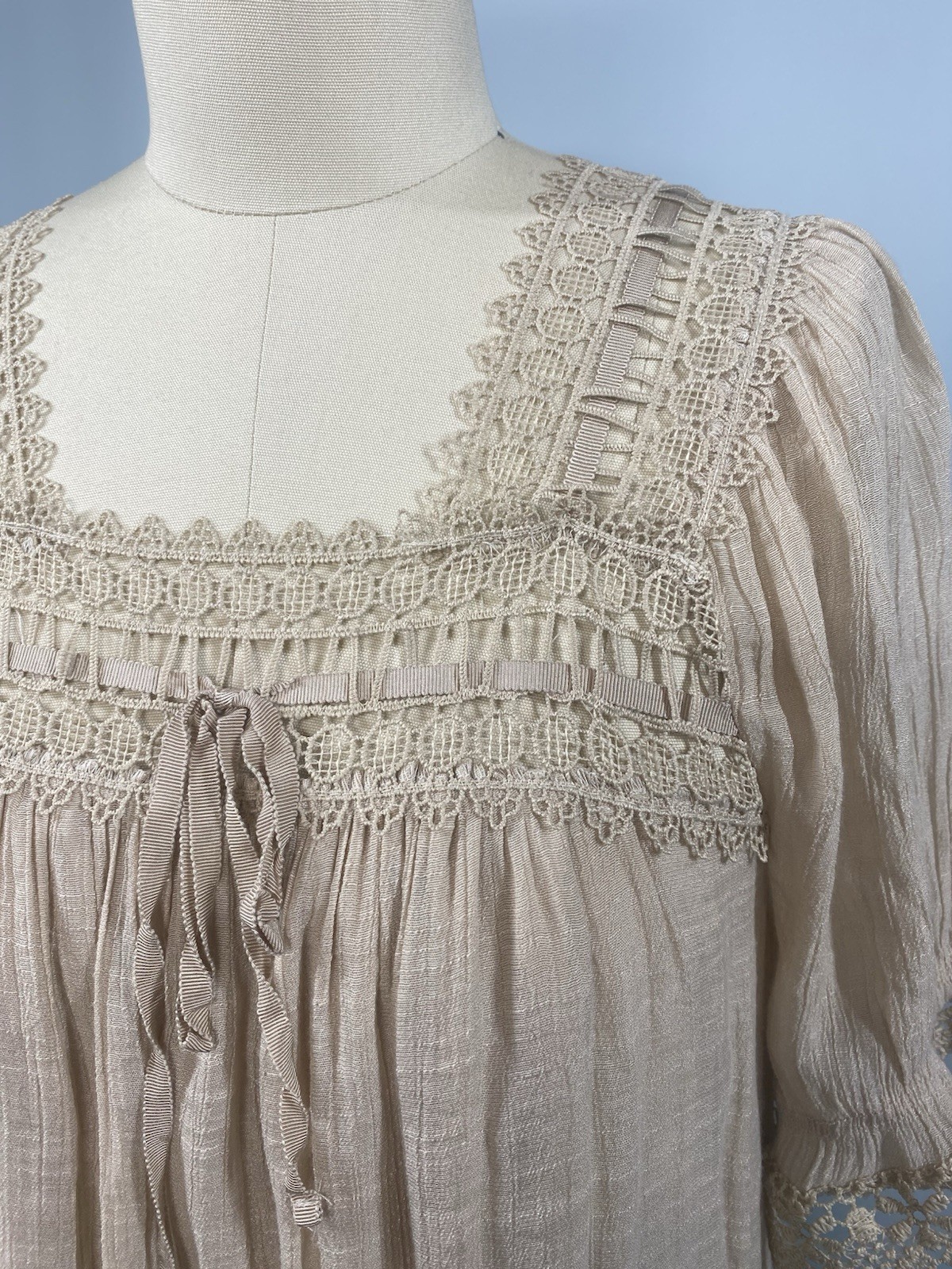 INDIGO ROSE Dress SIZE SMALL tan lace chemise Victorian cottage boho rayon