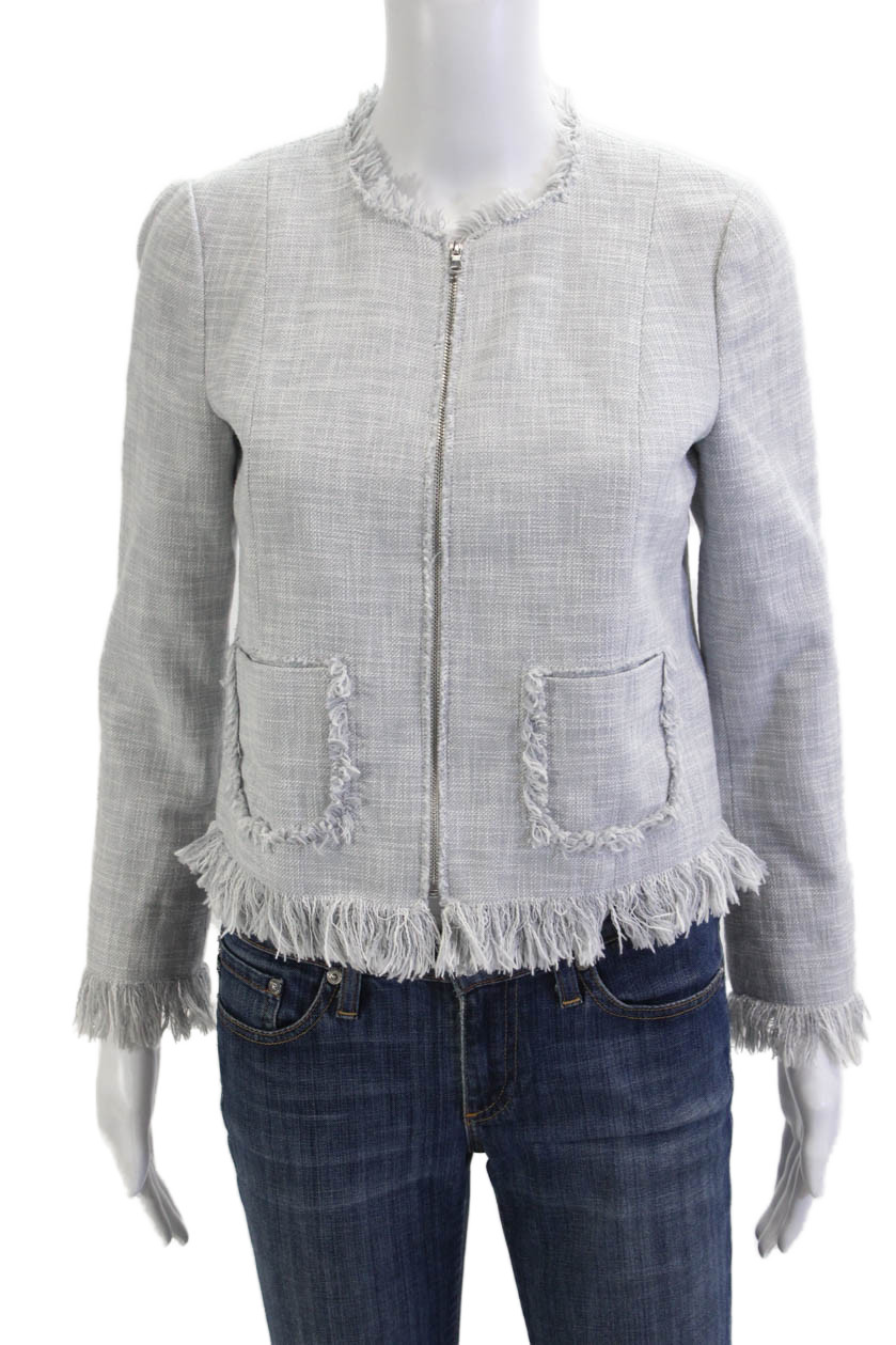Rebecca Taylor Women Jacket Gray Cotton Blend Zip Crew Neck Size 2Free Shipping in US $100+ Orders | $6.95 Orders Below