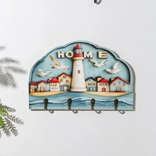 Nautical Lighthouse Beach Wall Mounted Key Holder w/ 4 Hooks (NOT 3D)