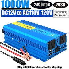 1000W 2000W Pure Sine Wave Power Inverter 12V to 110V Car Converter 2USB 2AC