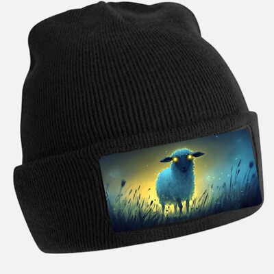 Black Sheep Beanie Hat with Glowing Eyes Motif Unisex Cotton