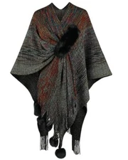Women's Shawls and Wraps Open Front Poncho Cape Winter R11-black Grad Knit